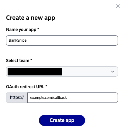 Creating a new app in the Nordea developer portal, with the OAuth redirect URL set to example.com/callback