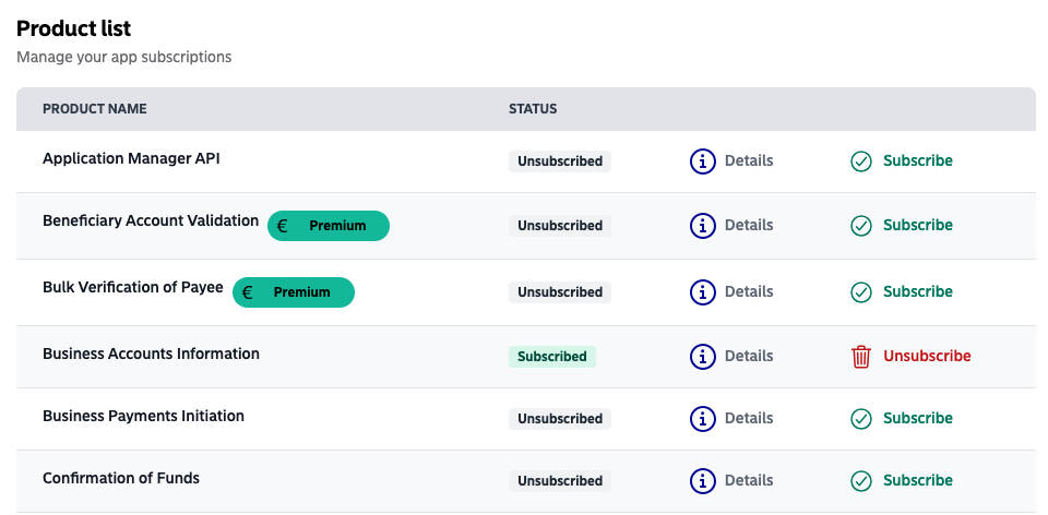 The Nordea product list with Business Accounts Information subscribed, and the Premium products marked with a euro tag
