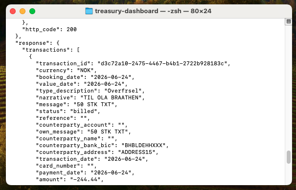 The script's reply in the terminal: your accounts and balances, then the bank's raw JSON response